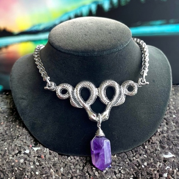 Amethyst crystal stone snake charm stainless steel chain necklace goth boho . - Picture 4 of 11